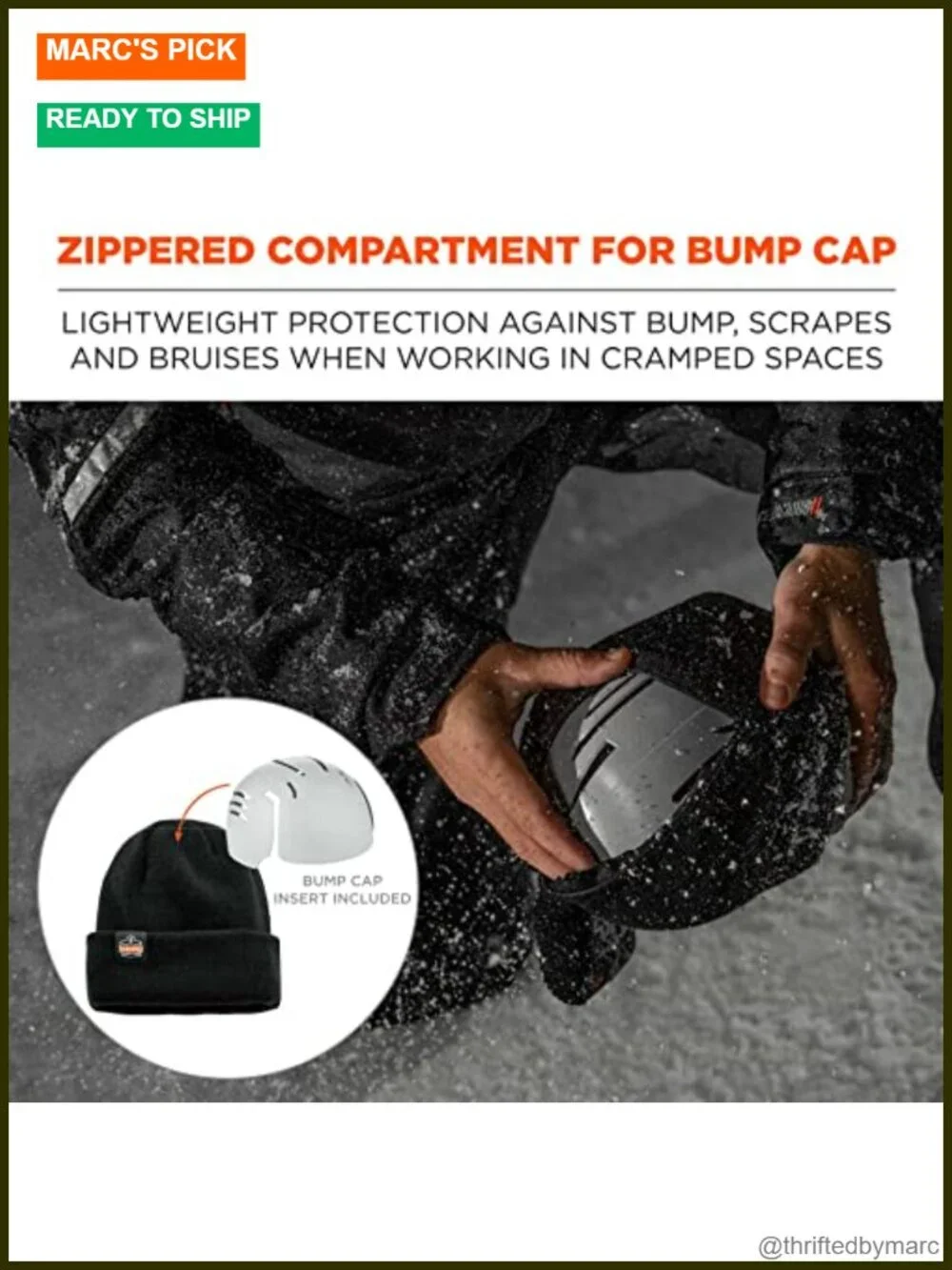 Rib Knit Hat with Bump Cap Insert, Thermal Beanie for Work